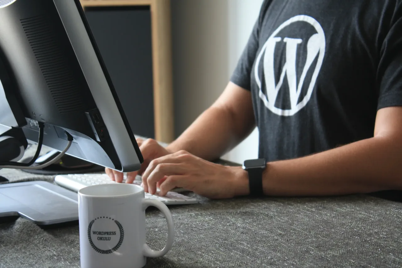 person in black and white t-shirt with a WordPress logo using computer